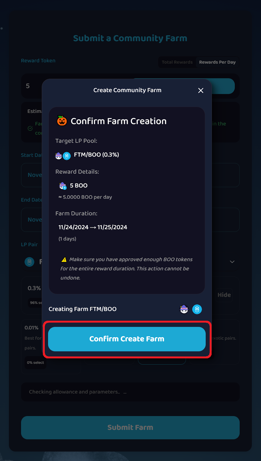 Confirm create farm