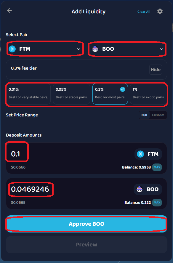 Select pair and fee tier