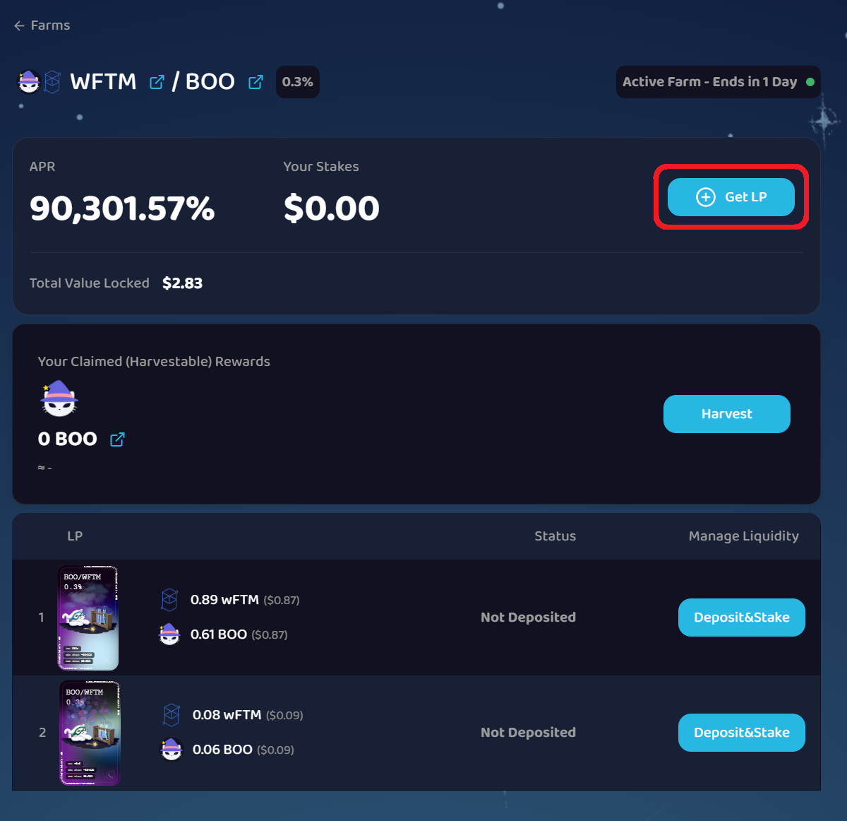 Farm detail with Get LP link