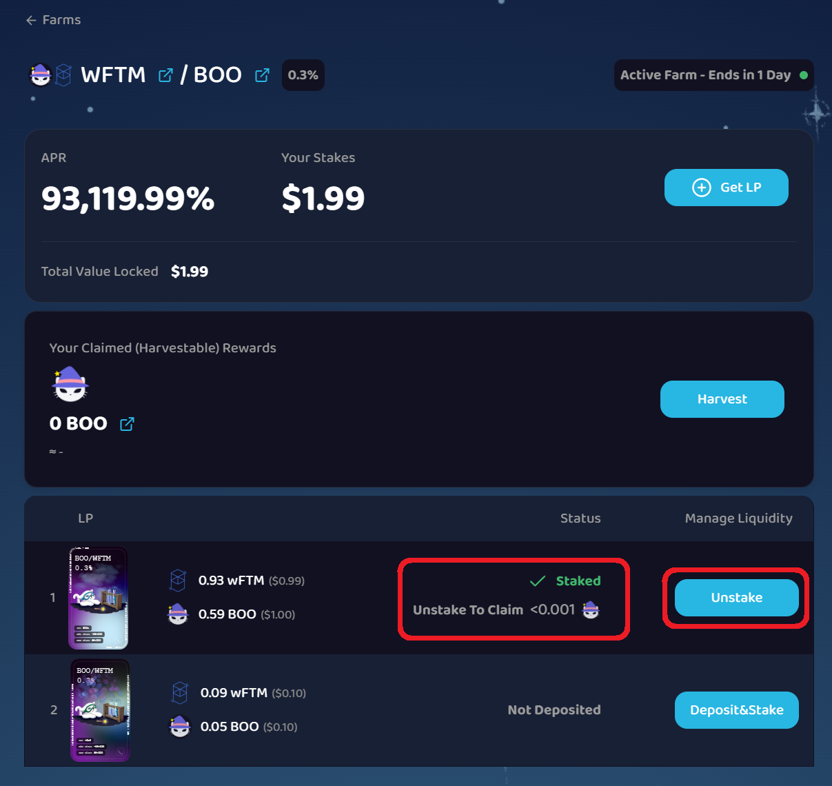 Staked status shown on farm